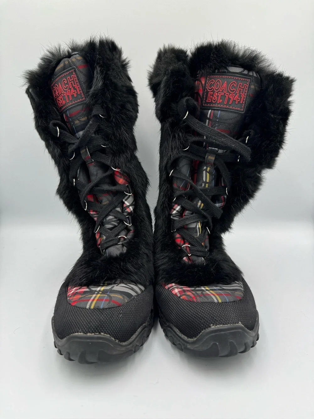 COACH Jennie Black Faux Fur Plaid Winter Boots, RARE! Sz 10